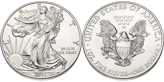 2013 American Silver Eagle dollar coin showing Walking Liberty obverse and heraldic eagle reverse