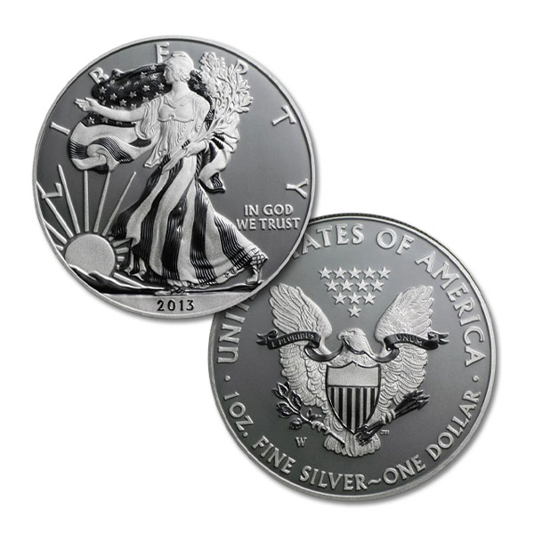 2013-W Enhanced Uncirculated Silver Eagle close-up showing distinctive satin matte fields with frosted and mirrored design contrast