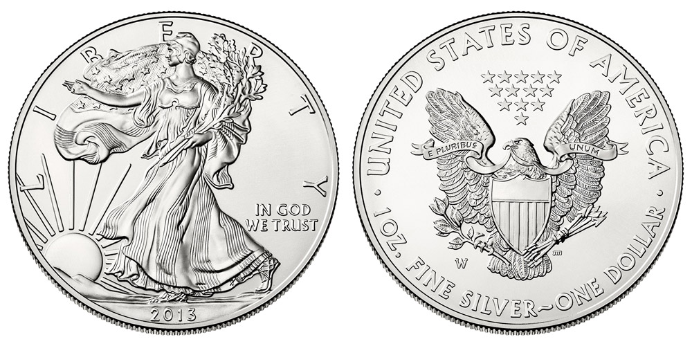 2013-W Burnished Silver Eagle showing satin luster from tumble-polished blank coining process and W mint mark on reverse