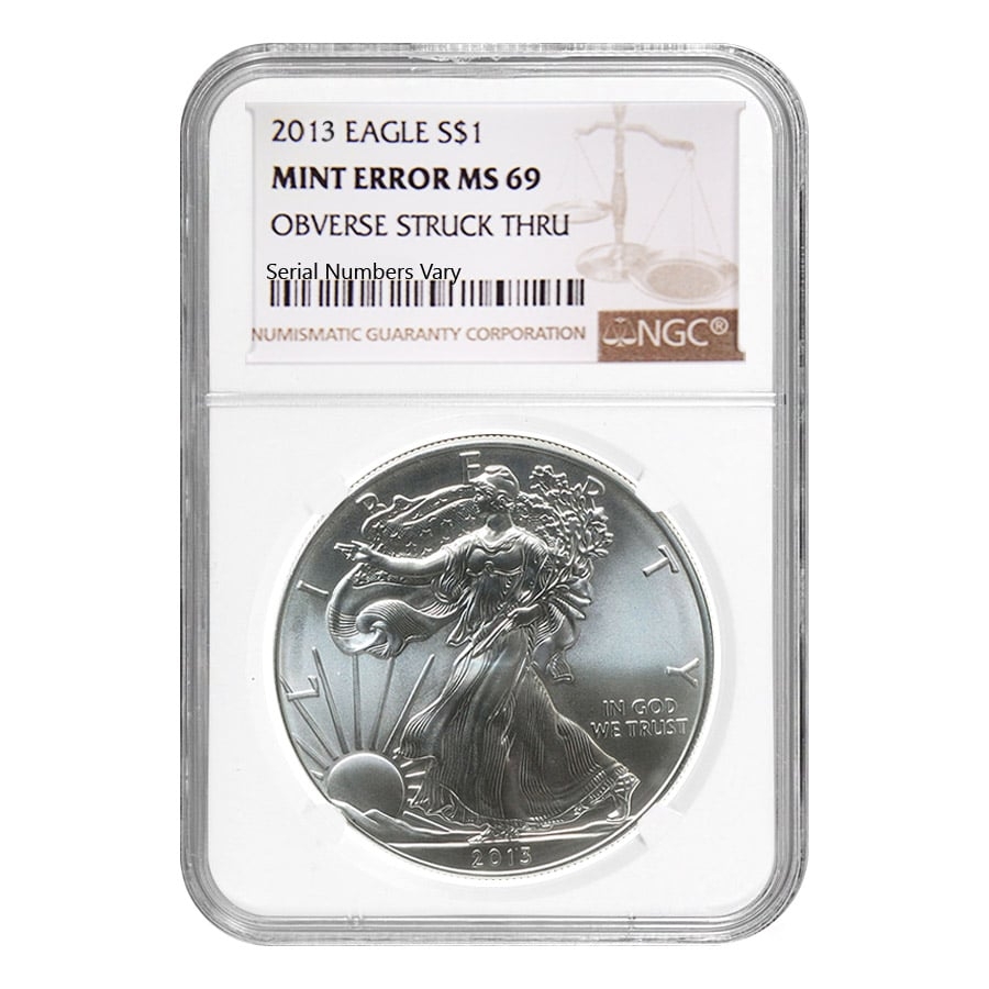2013 American Silver Eagle struck-through grease error coin showing weak or missing design detail in affected area